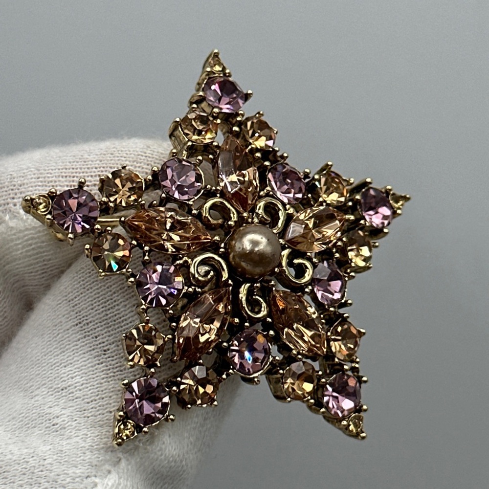 Gorgeous Goldtone GRAZIANO Champagne & Pink Rhinestone STAR Brooch Pin #028